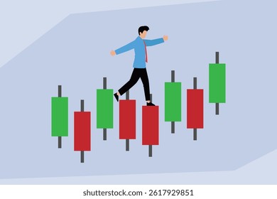 man carefully walking across a volatile stock market chart represented by rising green and falling red candlesticks