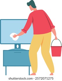 Man carefully wiping computer monitor screen with microfiber cloth, holding red bucket with cleaning solution, ensuring hygiene and clear display