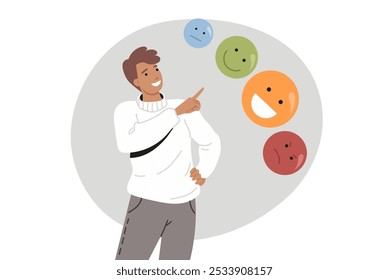 Man cares about emotional balance, pointing fingers at emoticons with different moods. Concept of importance of emotional balance for getting rid of psychological disorders and depression