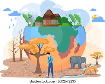 Man cares about planet, collects dry leaves. Dried, hot and lifeless land with cracks. Change climate, environmental pollution, ecological disaster and wrecking tornado, tree felling and urban growth