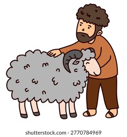 man caressing wooly sheep during holy festival