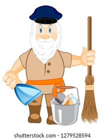 Man caretaker with broom and pail of the full rubbish