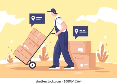 El hombre de carga entrega mercancías y cajas usando puntos en el mapa. Concepto de carácter empleado en el desierto con moderno dispositivo tecnológico para los negocios. Ilustración vectorial.