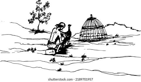 A man caring a cock, preapre it for fighting session. Sketch on white background. Hand drawn converted into vector illustration