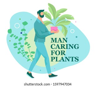 Man caring for houseplant in a pot. Trendy illustration with a guy holding an indoor plant. Urban jungle and plants theme.