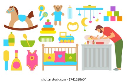 Man caring for newborn baby vector, isolated set of toys hose and plush bear, bowl and spoon, cone and crib cradle with stars and pillows, bodysuit, concept for Father day