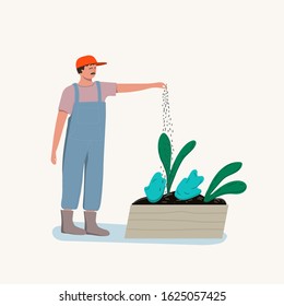 A man caring for plants in the garden.Vector illustration.