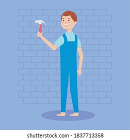 man carpenter or builder cartoon holding hammer vector illustration remodeling
