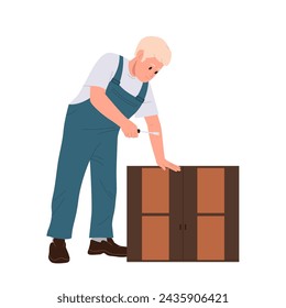 Man carpenter cartoon character using screwdriver fixing, repairing and assembling furniture