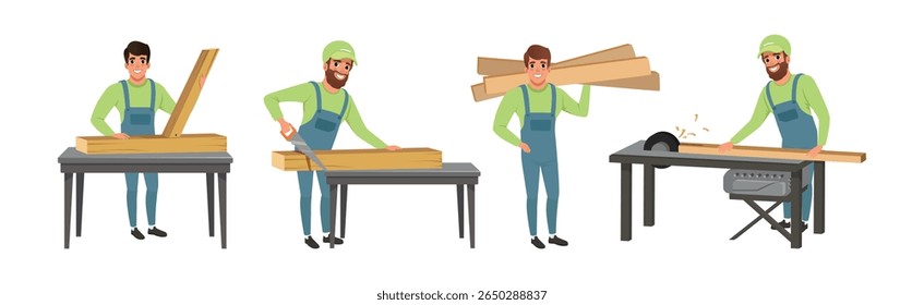 Man Carpenter Character in Woodworking Industry Vector Set