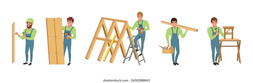 Man Carpenter Character in Woodworking Industry Vector Set