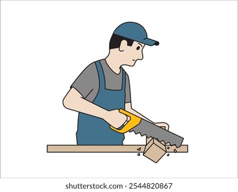 Man Carpenter Cutting Beam using Hand Saw