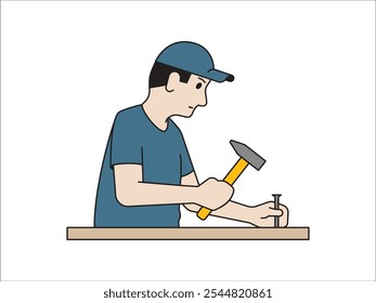 Man Carpenter Hammering nails Illustration isolated