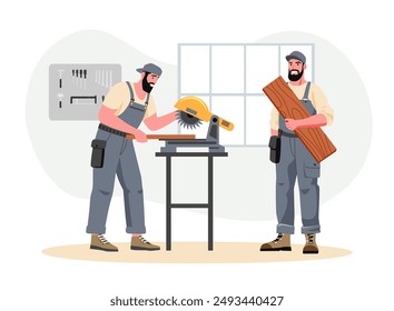 Man carpenter works in workshop. Male making furniture. Joiner with construction equipment. Industrial instruments. Woodwork studio. Handyman holding wood plank professional occupation vector concept.