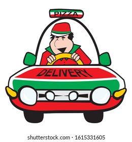 man in the car-pizza, funny vector illustration