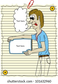 man carried the board and bubble speech with on paper