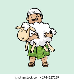 man carried goat in eid adha mubarak vector, funny cartoon man and goat
