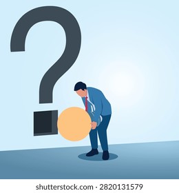 The man carried the lamp but could not fit it into the question box.. Illustration of unsolved problem and impossible puzzle.