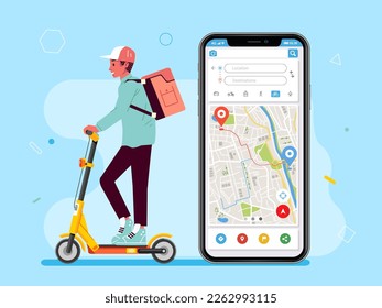 Man carriers on mobile app smartphone delivery services ride electric scooters and parcel box follow routes map concept