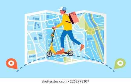 Man carriers shipping on delivery services ride electric scooters and parcel box follow routes map