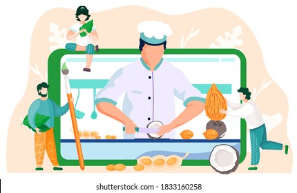A man carries an almond in his hands, a guy stands with brush in his hands and leaves under his arm. Girl meditates while sitting on the tablet. Online culinary lesson. Chef on the screen cuts coconut