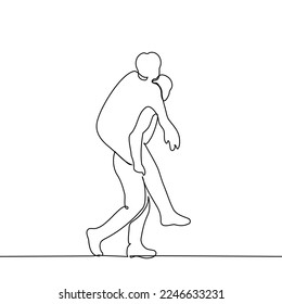 man carries another - one line drawing vector. concept piggyback