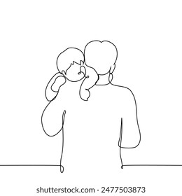 man carries a baby with his head resting on an adult's shoulder, view from the back - one line art vector. father's day concept, father carries baby. Handmade vector not Ai