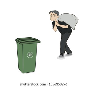 man carries a bag of garbage. trash bin. environmental Protection. vector illustration.