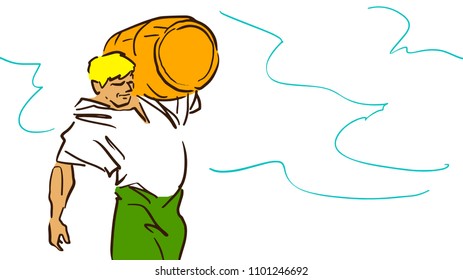 A man carries a barrel on his shoulder colorful vector sketch for card design or storyboard.