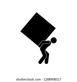 man carries a big box on his back, stick figure icon, human symbol