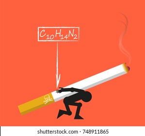 A Man Carries a Big Cigarette, Bending Under Her Weight. Picture as Symbol of Nicotine Harm. Vector illustration
