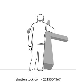 man carries a big cross - one line drawing vector. concept or metaphor of a martyr bearing his cross, burden;  builder carries cross for altar