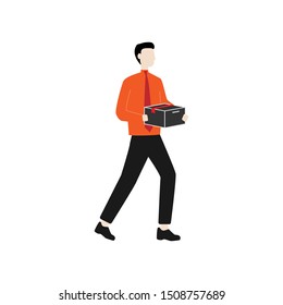 A man carries a box. Flat cartoon character isolated on white background