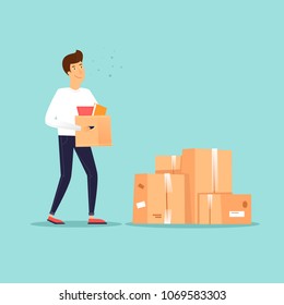 Man carries a box, garage sale. Flat design vector illustration.