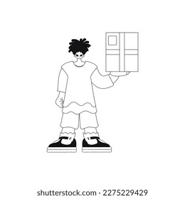 Man carries box in hands. Parcel shipping. Line art. Vector image.