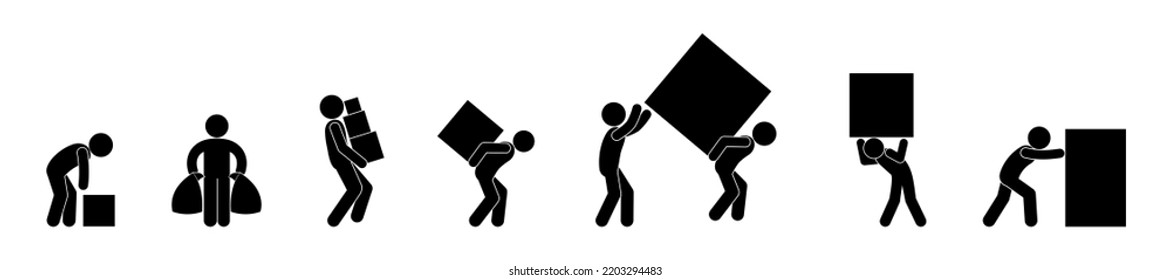 man carries box, loader icon set, stick figure human silhouette