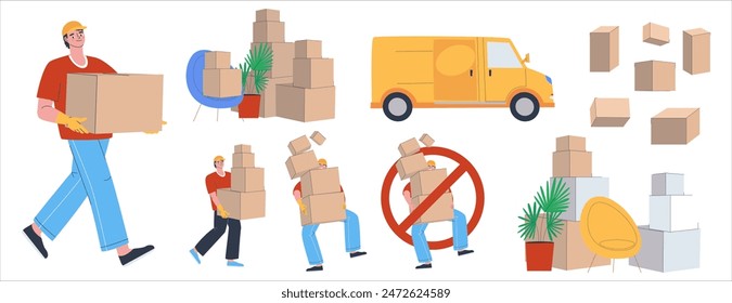 A man carries a box and many boxes. A car for transportation, boxes, a chair.  Relocation and transportation service. Goods delivery. Flat vector illustration. eps10