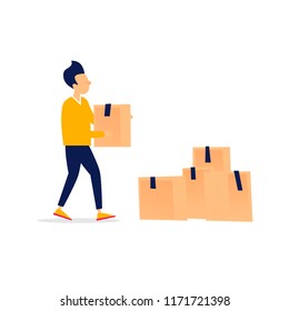 Man carries a box, moving, things. Flat style vector illustration.