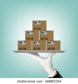 Man carries a box on a tray. Stock vector illustration.