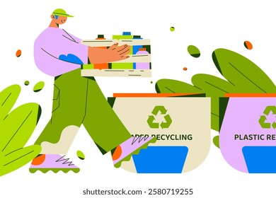 A man carries a box of plastic bottles to recycling bins, promoting responsible waste management and sustainability. A modern eco-friendly concept encouraging environmental awareness