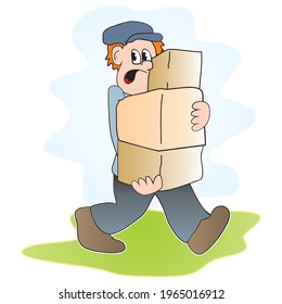 Man carries boxes, funny vector illustration