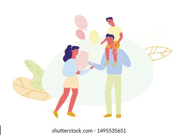 Man Carries Child on Shoulders. Woman With Cotton Candy and Balloons in Hand. Active Family Walking. People Walk in Park. Vector Illustration. Make Gifts. Family Spends Time Together. Funny Company.