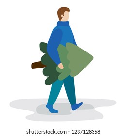 man carries a Christmas tree. Flat vector illustration