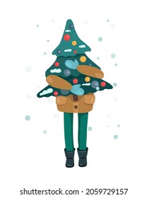 A man carries a Christmas tree in his hands. Decorating the house for Christmas. New Year's decor.