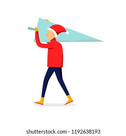 Man carries a Christmas tree, new year and happy Christmas. Vector illustration