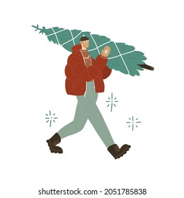 A man carries a Christmas tree. Man in winter clothes. Down jacket, hat, mittens. Vector illustration in flat style. Isolated on white background. New year and Christmas holiday celebrate.