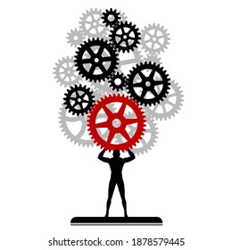 The man carries a cogwheel mechanism. Vector illustration of gears symbol.