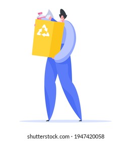 Man carries container for collecting garbage illustration. Male character in blue shirt and pants holds yellow plastic waste bin for recycling. Caring for environment natural resources flat vector.