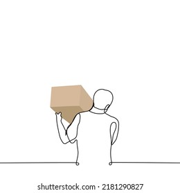 man carries craft box on his shoulder - one line drawing vector. concept courier or loader carries a box or crate