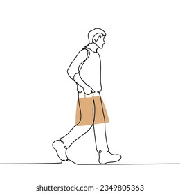 man carries craft package with care or haste - one line art vector. the concept of hurry, carry the fragile